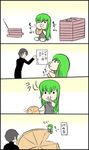 1girl 4koma artist_request black_hair c.c. chibi code_geass comic eating food green_hair holding_pizza lelouch_lamperouge long_hair o3o pizza translated 