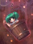  bucket green_hair hair_bobbles hair_ornament in_bucket in_container kisume sankuma short_hair solo touhou twintails wooden_bucket 