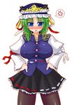  anger_vein arayama_reiichi blue_eyes blush breasts covered_nipples green_hair hands_on_hips hat huge_breasts pantyhose ribbon shiki_eiki short_hair skirt solo spoken_anger_vein touhou 