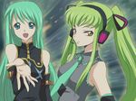 alternate_hairstyle blue_eyes c.c. c.c._(cosplay) code_geass cosplay costume_switch crossover green_hair hatsune_miku hatsune_miku_(cosplay) headphones long_hair maruki_(punchiki) multiple_girls skirt twintails vocaloid yellow_eyes 