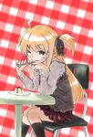  arisa_bannings bad_id bad_pixiv_id blonde_hair food green_eyes holding holding_spoon loky lyrical_nanoha mahou_shoujo_lyrical_nanoha pudding skirt solo spoon 