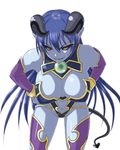  astaroth_(shinrabanshou) black_sclera blue_hair blue_skin breasts brown_eyes demon_girl demon_tail elbow_gloves gloves horns large_breasts leaning_forward long_hair minarai navel_cutout pointy_ears shinrabanshou tail thighhighs 