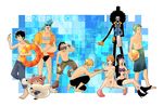  6+boys abs afro ball beachball bikini black_hair blonde_hair blue_hair brook chain_necklace cigarette copyright_name everyone extra_arms eyewear_on_head franky going_merry green_hair hat high_heels innertube jewelry kuji monkey_d_luffy multiple_boys multiple_girls nami_(one_piece) necklace nico_robin one_piece orange_hair pink_hat sanji scar side-tie_bikini skeleton smoking straw_hat sunglasses swimsuit tattoo tony_tony_chopper top_hat usopp 