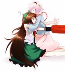  ? arm_cannon blush bow brown_hair closed_eyes frills green_bow hair_bow hair_ornament hair_ribbon hairband harmonia heart heart_hair_ornament hug komeiji_satori legs long_hair multiple_girls open_mouth outstretched_arms outstretched_hand pink_hair profile red_eyes reiuji_utsuho ribbon shirt short_hair short_sleeves touhou weapon white_shirt wide_sleeves 