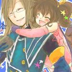  1girl anise_tatlin artist_request blush brown_hair glasses gloves hug hug_from_behind jade_curtiss long_hair lowres smile tales_of_(series) tales_of_the_abyss twintails 