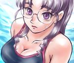  black_school_swimsuit breasts cleavage drill_hair glasses large_breasts macross macross_frontier matsuura_nanase one-piece_swimsuit purple_eyes purple_hair school_swimsuit solo swimsuit yuu_mamori 