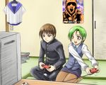  1girl blush controller copyright_request gakuran game_controller green_hair kneeling minarai office_lady pantyhose playing playing_games poster_(object) school_uniform short_hair video_game 