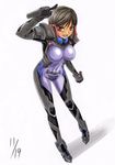  bodysuit braid breasts brown_hair covered_navel large_breasts minarai muvluv pilot_suit purple_bodysuit red_eyes skin_tight solo twin_braids 