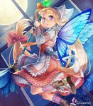  apron blue_eyes blue_wings blush boots butterfly_wings dress esukee frills full_moon head_scarf kikimora_(shingeki_no_bahamut) long_hair looking_at_viewer moon night night_sky open_mouth ornate_clothing pointy_ears shingeki_no_bahamut sky solo wand window wings 