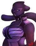  big_breasts black_fur black_nose breasts bust choker cleavage clothed clothing feline female fur lena_panthera lips looking_at_viewer luvon mammal panther purple_eyes solo vest 