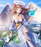  angel_wings bare_shoulders blue_eyes brown_hair esukee flower hair_flower hair_ornament halo head_wings long_hair looking_at_viewer midriff navel shingeki_no_bahamut smile wand wings 