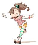  bare_shoulders blush brown_hair butterfly_hair_ornament choker chousoku_henkei_gyrozetter gunjima_souichirou hair_ornament inaba_rinne long_hair open_mouth outstretched_arms ribbon_choker roller_shoes shoes shorts side_ponytail single_thighhigh smile solo spread_arms striped striped_legwear thighhighs 