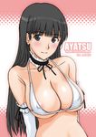  amagami ayatsuji_tsukasa bikini_top black_eyes black_hair blush breasts choker cleavage covered_nipples elbow_gloves gloves ishihara_souka large_breasts light_smile long_hair looking_at_viewer smile solo text_focus upper_body 