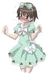  alternate_costume artist_request bangs blush bow brown_eyes brown_hair cowboy_shot dress flat_chest flying_sweatdrops frills full-face_blush girls_und_panzer green_dress hair_bow hairband isobe_noriko open_mouth polka_dot polka_dot_bow polka_dot_dress polka_dot_ribbon puffy_short_sleeves puffy_sleeves short_hair short_sleeves simple_background solo standing sweat wavy_mouth white_background 