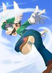  blue_eyes brown_hair cap facial_hair feathers flying from_behind gloves hat head_wings looking_back luigi male male_focus mustache nintendo overalls saiha sky solo super_mario_64 super_mario_64_ds super_mario_bros. suspenders wings 