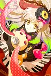  bad_id bad_pixiv_id bow elbow_gloves from_above gloves gradient_hair hair_ornament instrument long_hair looking_up mayu_(vocaloid) microphone multicolored_hair polka_dot sigina smile solo stuffed_animal stuffed_bunny stuffed_toy usano_mimi vintage_microphone vocaloid yellow_eyes 