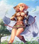  armor arrow blonde_hair boots bow_(weapon) breasts cape cleavage elf esukee gloves green_eyes looking_at_viewer medium_breasts midriff navel pointy_ears quill shingeki_no_bahamut short_hair shorts smile solo weapon wind 