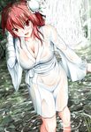  :d bandages black_legwear blush breasts campbell_gichou double_bun groin ibaraki_kasen large_breasts open_mouth red_eyes red_hair ripples see-through short_hair smile solo standing touhou wading water waterfall wet wet_clothes wet_hair 