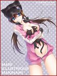  2012 :3 animal_between_breasts artist_name ass_visible_through_thighs badge between_breasts blue_eyes border breasts brown_hair carnelian cat censored character_name convenient_censoring evangelion:_3.0_you_can_(not)_redo glasses groin hat jacket large_breasts long_hair makinami_mari_illustrious naked_track_jacket navel neon_genesis_evangelion no_panties polka_dot polka_dot_background rebuild_of_evangelion smile solo track_jacket 