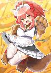  1girl alternate_costume animal_ear_fluff animal_ears apron bell bell_collar blush breasts cat_hair_ornament cat_paws cleavage collar enmaided fangs fate/extra fate/grand_order fate_(series) fox_ears fox_tail gloves hair_ornament hair_ribbon jingle_bell large_breasts long_hair looking_at_viewer maid maid_apron maid_headdress open_mouth paw_gloves paw_shoes paws pink_hair ponytail red_ribbon ribbon shoes solo tail tamamo_(fate)_(all) tamamo_cat_(fate) thighhighs tyone waist_apron white_legwear yellow_eyes 