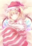  bad_id bad_pixiv_id blonde_hair bow christmas_stocking fang flandre_scarlet hat highres looking_at_viewer pale_color pink red_eyes santa_hat short_hair side_ponytail smile solo star striped touhou wings zinczinc_ka 