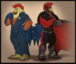  anthro avian beak biceps bird boots cape costume duo helmet jumpsuit male muscles neodokuro neozcommish rooster superhero wrench 