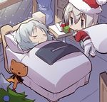  bag bed blush chibi christmas christmas_tree closed_eyes eila_ilmatar_juutilainen gift grey_hair hat indoors kotamaru_(pajama_soft) multiple_girls night pantyhose pantyhose_removed purple_eyes santa_costume santa_hat sanya_v_litvyak sleeping smile snow snowing strike_witches stuffed_animal stuffed_toy white_legwear world_witches_series 