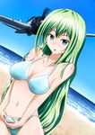  a6m_zero aircraft airplane beach bikini blue_eyes dai-juuichi_koukuu_kantai day green_hair highres long_hair original swimsuit 