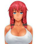  :o bare_shoulders blue_eyes blush bow braid breasts brown_hair cleavage collarbone covered_nipples dark_skin hair_bow highres hong_meiling ishikei_(style) large_breasts long_hair nikonikosiro no_bra simple_background solo sweatdrop tan tank_top touhou twin_braids upper_body white_background 