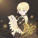  beatrice blonde_hair blue_eyes bug butterfly dress holding insect kiseru nemigi_tsukasa pipe short_hair smile solo umineko_no_naku_koro_ni 