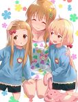  :3 :o ^_^ bad_id bad_pixiv_id blonde_hair blush bow breasts brown_eyes brown_hair cleavage closed_eyes collarbone futaba_anzu hair_bow hair_ornament hand_on_another's_head hand_on_shoulder heart heart_print holding ichihara_nina idolmaster idolmaster_cinderella_girls kindergarten_uniform long_hair medium_breasts moroboshi_kirari multiple_girls pink_eyes shorts sonsoso star star_hair_ornament stuffed_animal stuffed_bunny stuffed_toy twintails 