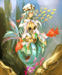  braid breasts center_opening cleavage fish green_eyes green_hair hat large_breasts long_hair mermaid monster_girl monster_girl_encyclopedia naughty_face sea_bishop seaweed smile solo stone_tablet tthal twin_braids underwater very_long_hair 