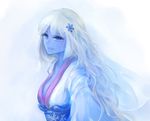  blue_eyes blue_skin elaizy hair_ornament ice_crystal japanese_clothes kimono long_hair monster_girl monster_girl_encyclopedia obi sash snowflake_hair_ornament solo white_hair yuki_onna yuki_onna_(monster_girl_encyclopedia) 