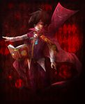  aura book brown_hair cape chain clock coin_(co-in) formal glasses highres male_focus outstretched_arm puyopuyo red_background red_eyes solo strange_klug 