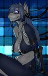  abstract_background big_breasts black_nipples blue_eyes blue_fur blue_hair breasts canine convenient_censorship cyborg female fur hair hanging_breasts happy mammal navel nipples nude sitting smile solo strype voluptuous white_fur white_hair wolf 