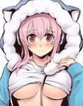  blush breasts cleavage enuji_(nz55) headphones hood hoodie large_breasts long_hair looking_at_viewer nitroplus non-web_source pink_eyes pink_hair smile solo super_sonico underboob 