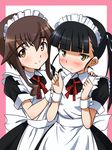  alternate_costume black_hair blush border brown_eyes brown_hair enmaided hair_ribbon highres long_hair looking_at_viewer maid maid_headdress multiple_girls ponytail ribbon sakamoto_mio short_hair smile strike_witches takei_junko tokiani world_witches_series wrist_cuffs yellow_eyes 