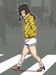  black_hair coat habatakuhituji hashiba_renko high_heels highres long_hair original shoes shorts yellow_eyes 