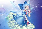  :d bare_shoulders blue blue_eyes blue_hair bow cirno dress embellished_costume fingerless_gloves frills gathers gloves hair_bow holding ice ice_wings open_mouth pping short_hair smile snowflakes solo touhou wand wings 