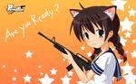  1girl animal_ears black_hair braid cat_ears copyright_name english green_eyes gun hair_ribbon ksubaru looking_at_viewer m-16 milly_(paperman) paper_man paperman ribbon rifle school_uniform smile star title_drop twin_braids weapon 