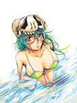  arrancar bikini bleach breasts cleavage facial_mark green_bikini green_hair large_breasts long_hair looking_at_viewer looking_up muku_(midoriiro) nelliel_tu_odelschwanck skull solo swimsuit towel wading yellow_eyes 