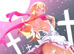  :d ass bakemonogatari bangle bare_shoulders blonde_hair blush_stickers bracelet cross dress fang jewelry long_hair monogatari_(series) no_panties nose open_mouth oshino_shinobu outstretched_arm petals scarf smile solo tanabe_kyou wind yellow_eyes 