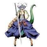  blue_hair breasts cleavage grin highres large_breasts lizard_tail long_hair pixiv_fantasia pixiv_fantasia_5 potato_pot simple_background smile solo sword tail tail_raised weapon white_background 