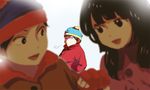  1girl 2boys black_hair brown_hair eric_cartman fat hat lowres multiple_boys south_park stan_marsh wendy_testaburger 