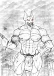  aircraft airplane anubian_jackal anubis biceps bulge canine city clothed clothing deity destruction egyptian fangs flexing half-dressed jackal loincloth macro male mammal monochrome muscles navel open_mouth pecs pubes sketch solo standing teeth tongue topless underwear unknown_artist 