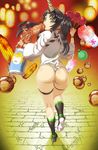  ass beelzebub_(the_seven_deadly_sins) black_hair body_blush candy_apple corn demon_girl food food_in_mouth from_behind fundoshi green_eyes horn ikayaki japanese_clothes kneepits lantern long_hair looking_back nishii_(nitroplus) no_pants official_art paper_lantern sett sexually_suggestive shaved_ice solo squid takoyaki the_seven_deadly_sins thigh_strap thighs twintails vignetting yamakasa 
