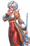  1girl afro blue_eyes breasts cleavage coat dragon_quest dragon_quest_x dress horns large_breasts lips long_hair mico_(paleshelter) monster_girl ogre_(dq10) parted_lips pointy_ears red_skin short_hair simple_background solo spikes staff standing tattoo weapon white_background white_hair 