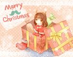  antlers bad_id bad_pixiv_id box brown_eyes brown_hair capelet christmas_stocking fake_horns gift gift_box letta looking_at_viewer merry_christmas mittens original polka_dot polka_dot_background reindeer_antlers sack solo 