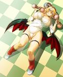  blonde_hair blue_eyes breasts cameltoe checkered checkered_floor demon_girl demon_wings dumbbell from_above horns huge_breasts leg_warmers low_wings mammon_(the_seven_deadly_sins) nishii_(nitroplus) official_art on_floor plump shoes sneakers solo the_seven_deadly_sins thigh_strap thighs wings wristband 