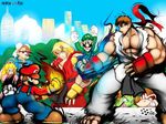  2girls 6+boys 6boys angry aura battle blanka blonde_hair blue_eyes brown_hair building buildings cap cheering chun-li city clenched_hand cloud crossover crown donkey_kong double_bun double_buns dress earrings epic eye_contact fighting_stance fire fist flames gloves jewelry jump jumping ken_masters looking_at_another luigi mario mario_(series) multiple_boys multiple_girls muscle open_clothes parody pose princess princess_peach ryu ryuu_(street_fighter) sharp_teeth sky street_fighter style_parody super_mario_bros. suspenders tears 